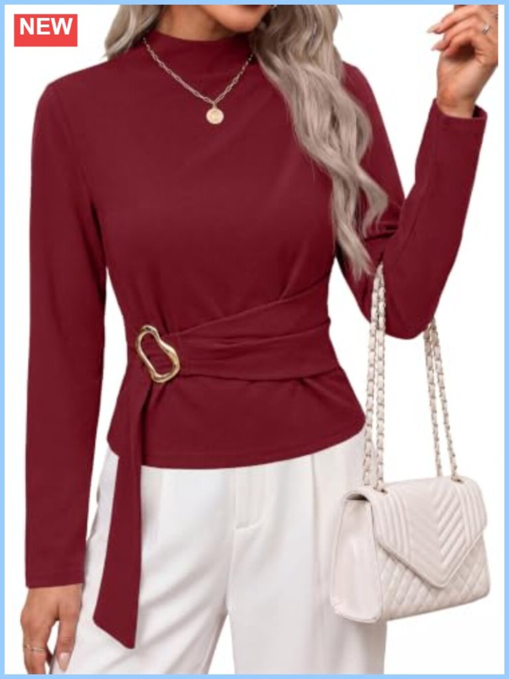 Women's Long Sleeve Mock Neck Peplum Blouse with Belted Tie Front